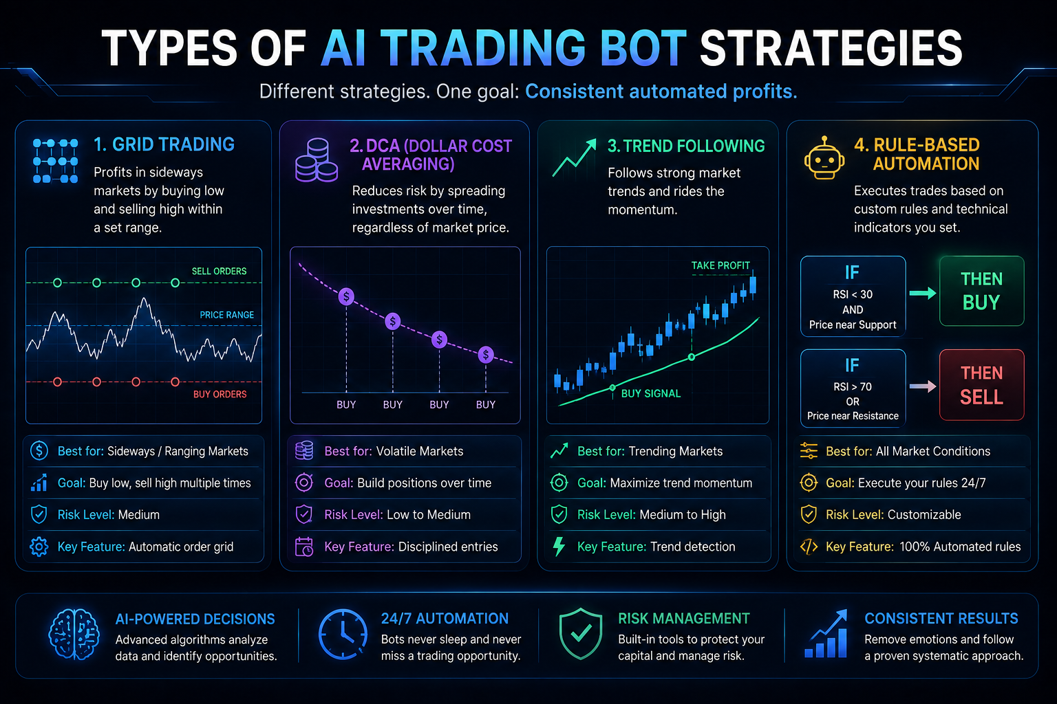 AI trading bot strategies - GRID, DCA, trend following and rule-based automation