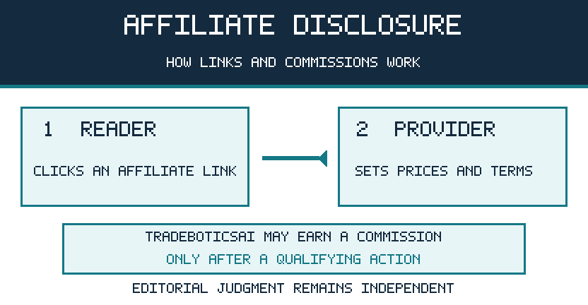 Affiliate Disclosure diagram: reader clicks an affiliate link, the provider sets prices and terms, and TradeboticsAI may earn a commission after a qualifying action.