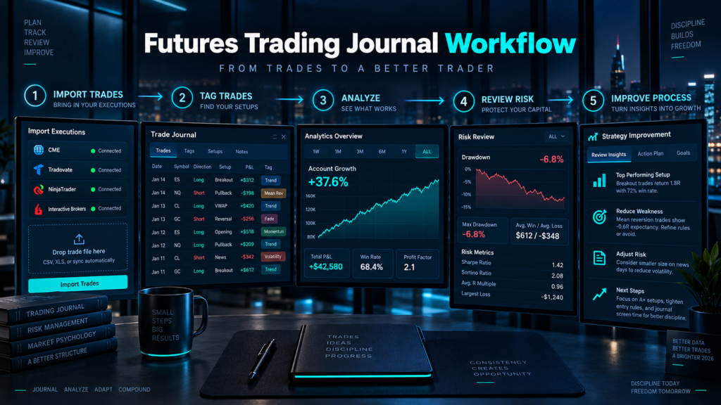 Futures trading journal illustration showing export, tagging, analysis and review