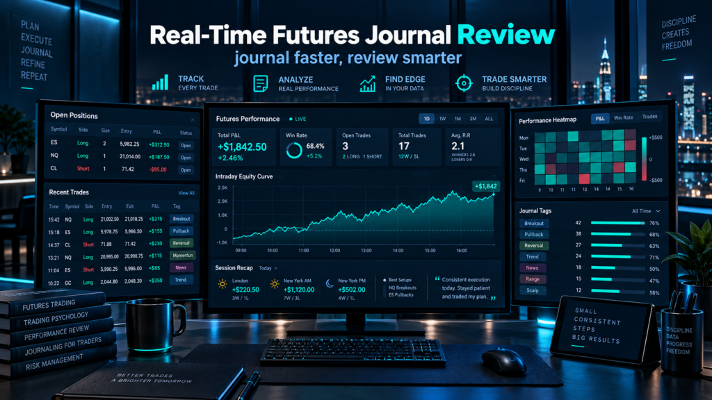 Conceptual futures journal dashboard with trade history, performance charts and review notes