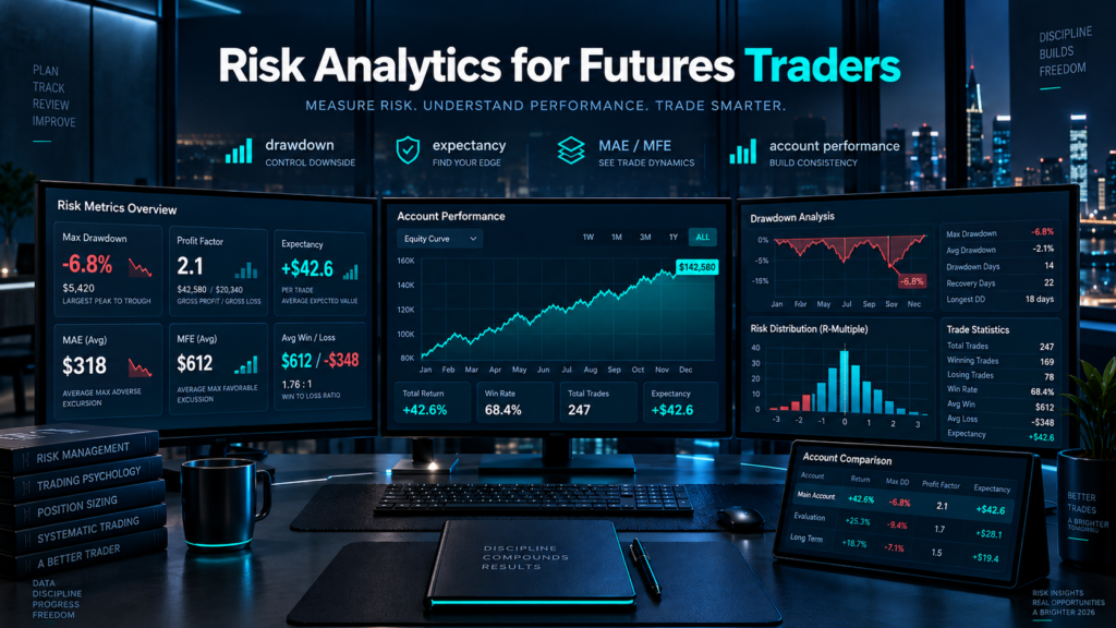 NinjaTrader Trade Performance analysis concept with futures risk metrics and equity charts