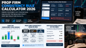 prop firm consistency rule calculator final payout dashboard with best day percentage and profit gap