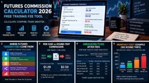 futures commission calculator showing breakeven ticks and fees as percentage of trading target