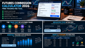 futures commission calculator for round trip trading fees and breakeven ticks 2026