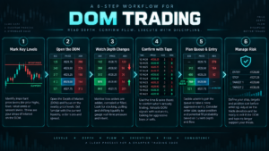 futures DOM trading workflow with liquidity execution queue and risk