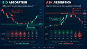 futures absorption footprint example with aggressive selling and passive buying