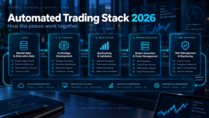 Automated Trading Stack 2026 Automated trading stack showing AI strategy backtesting alerts broker execution monitoring and risk controls