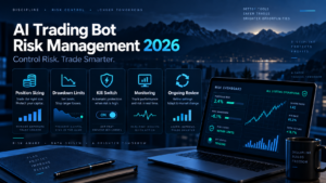 AI Trading Bot Risk Management 2026 AI trading bot risk management showing position sizing drawdown limits kill switch monitoring and ongoing review