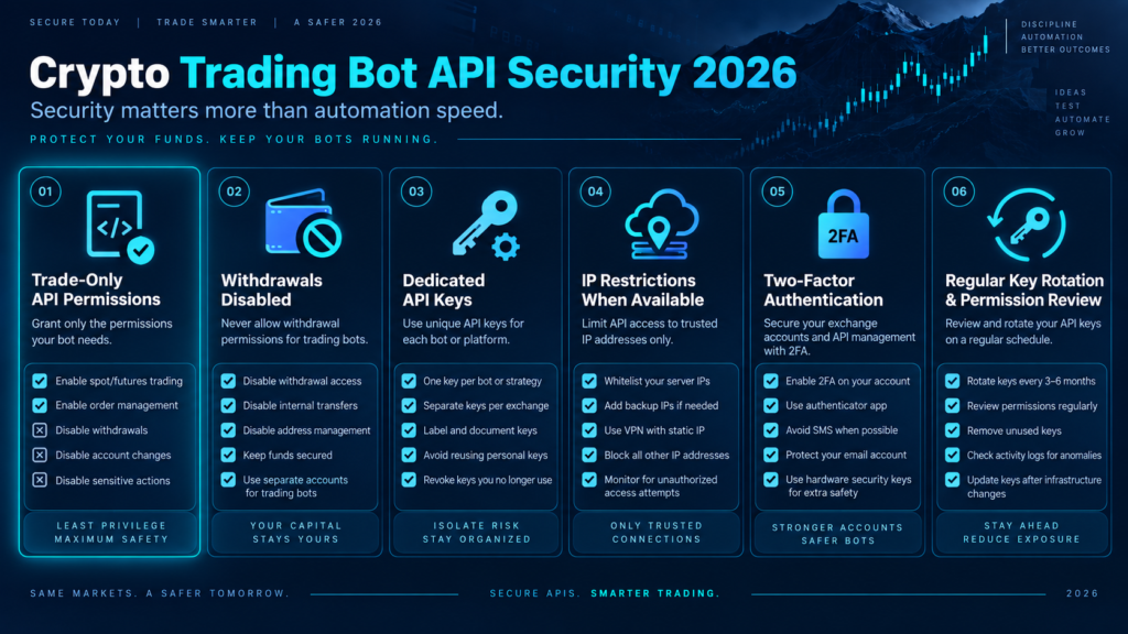 Illustrated trading API security controls including restricted permissions and two-factor authentication