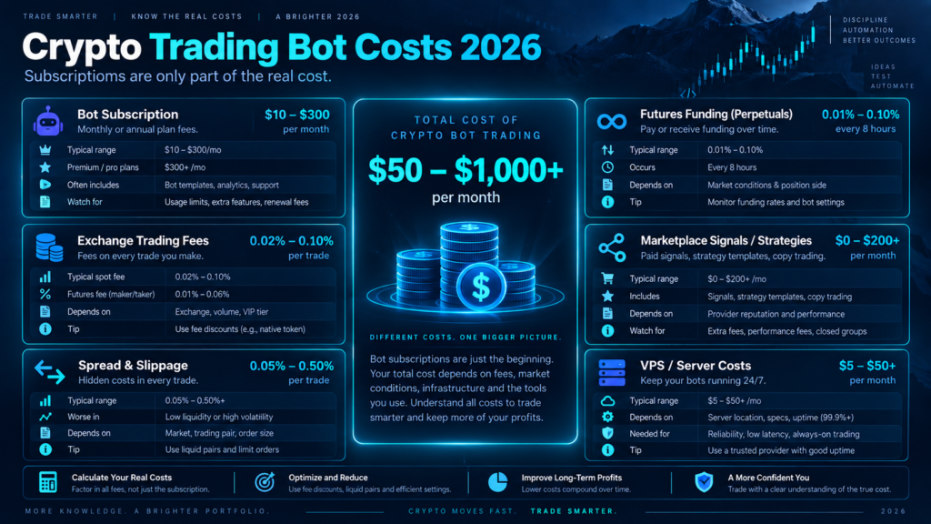 Illustrated crypto trading bot cost categories relevant to grid fee calculations