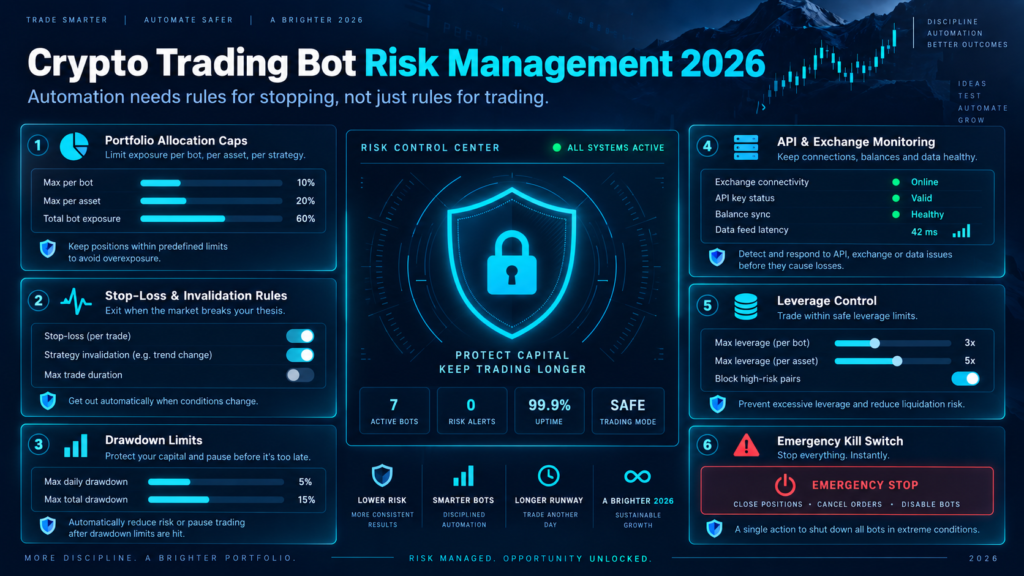Conceptual crypto bot risk controls for position size, exits and monitoring