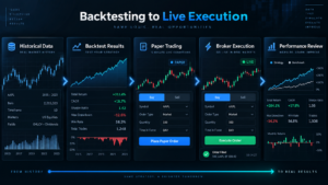 Algorithmic trading backtesting to live execution workflow with historical data paper trading broker execution and performance review