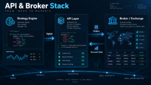 Algorithmic trading workflow from market data and strategy development through backtesting paper trading execution and monitoring