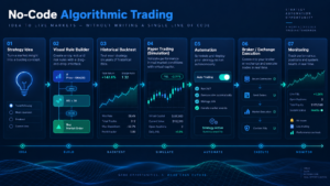 No-code trading automation stack connecting visual strategy builder backtesting risk controls broker API and live execution
