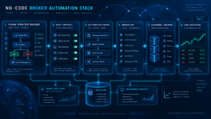 No-code algorithmic trading workflow from strategy idea and visual rules to backtesting simulation automation and monitoring