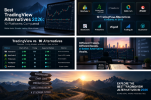 Trading platform workflow showing charts strategy validation market data broker execution monitoring and risk controls