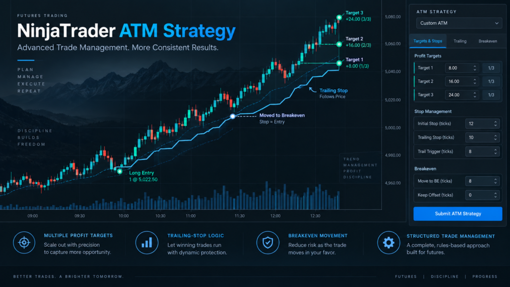 NinjaTrader Trailing Stop illustration showing an ATM stop following a rising futures price