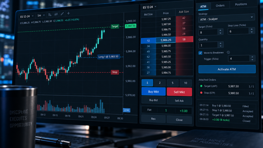 Illustrative futures chart with ATM controls, a profit target, and a protective stop