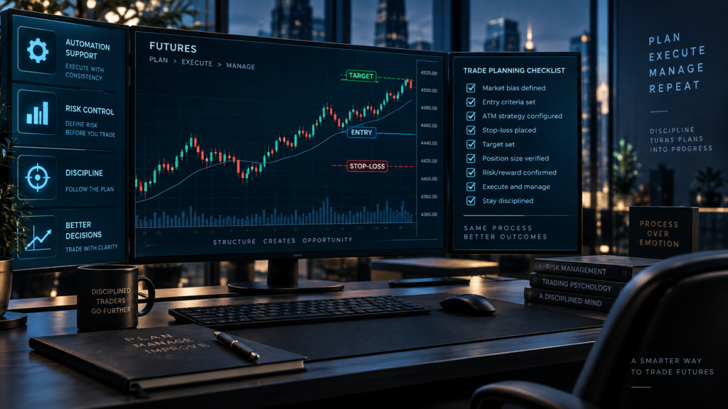 Futures workstation illustration with a stop-loss chart and trade-planning checklist