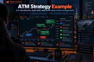 NinjaTrader ATM Strategy Review 2026 showing futures trade management with stop loss and profit target