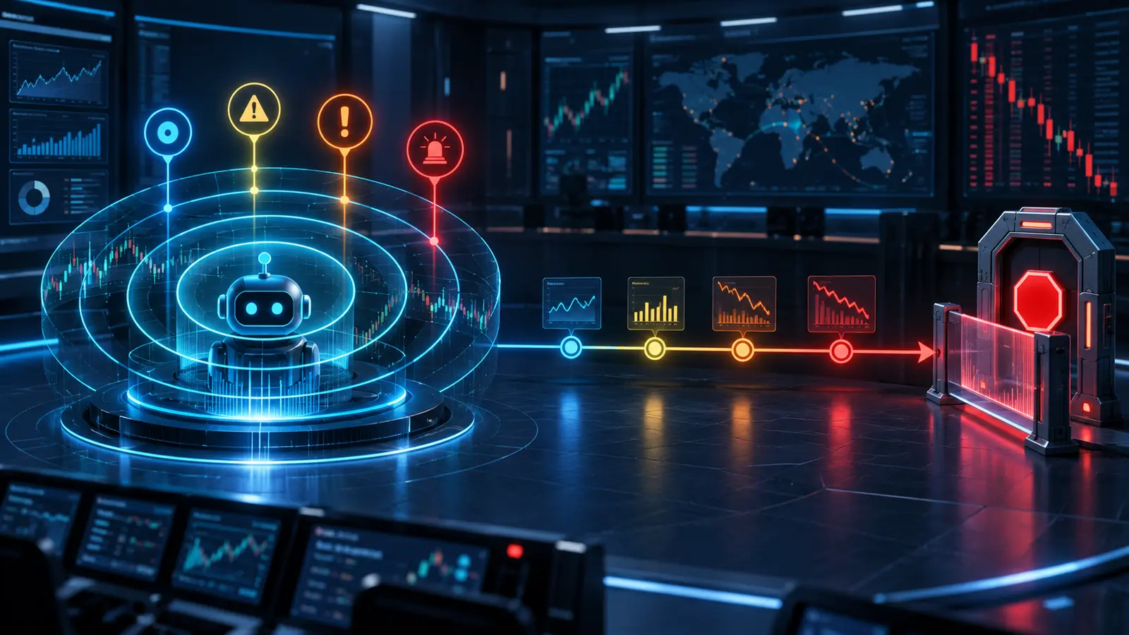 Crypto trading bot alert severity levels leading from monitoring warning to controlled incident stop