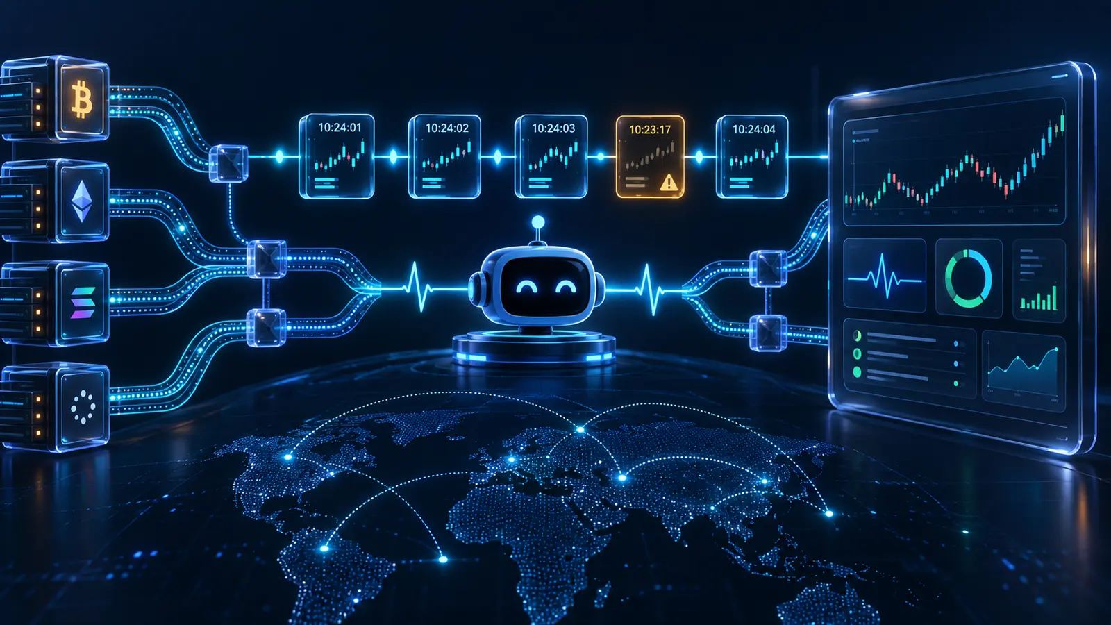 Crypto bot heartbeat and market data freshness checks highlighting one stale price update