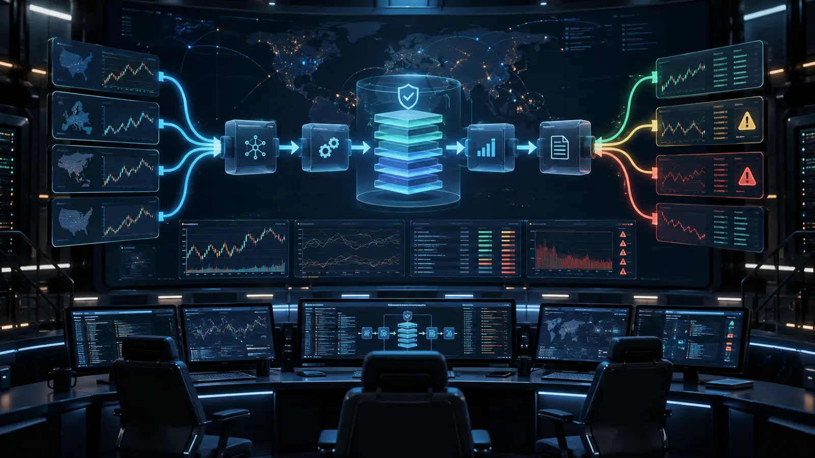 Crypto trading bot failure modes control room with guarded data order and recovery pathways