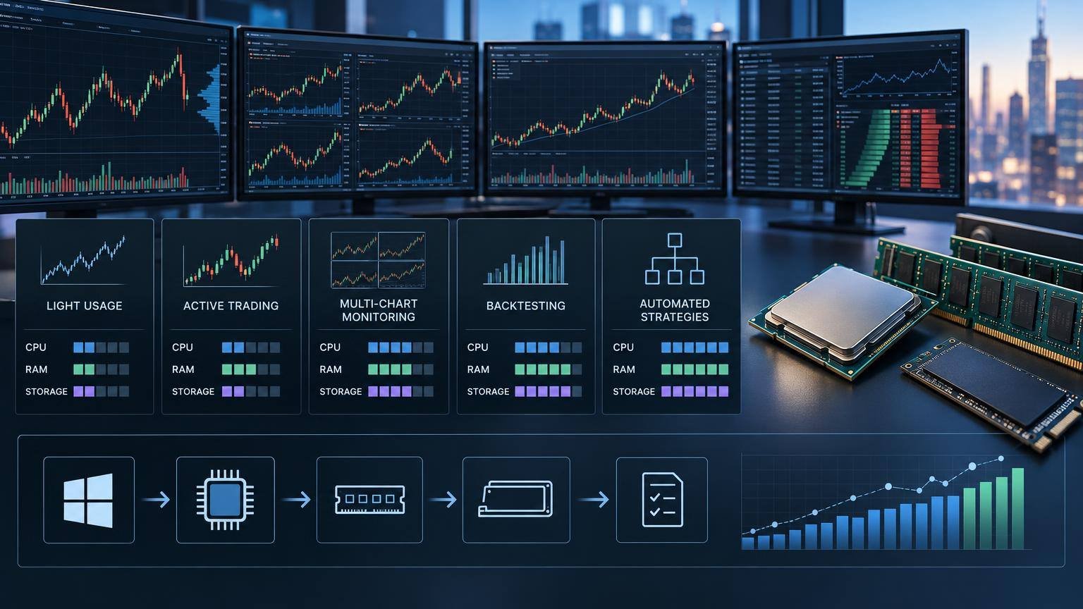 CPU and RAM Recommendations by Workload for NinjaTrader System Requirements 2026: Windows, RAM, CPU, Storage & Recommended PC Specs