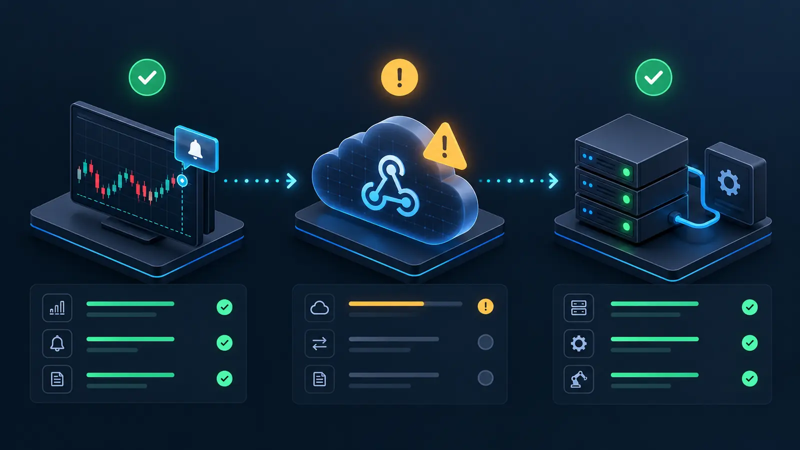 Three-layer diagnostic path for a TradingView alert webhook and receiving server