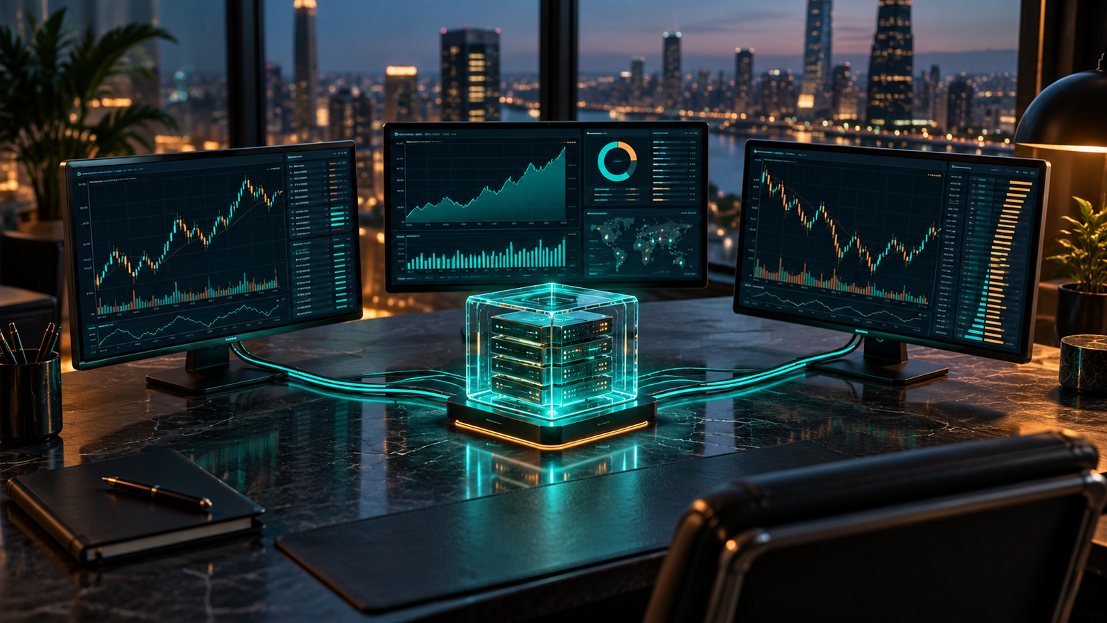 Conceptual trading data hub illustrating exchange connections and Denali data subscriptions
